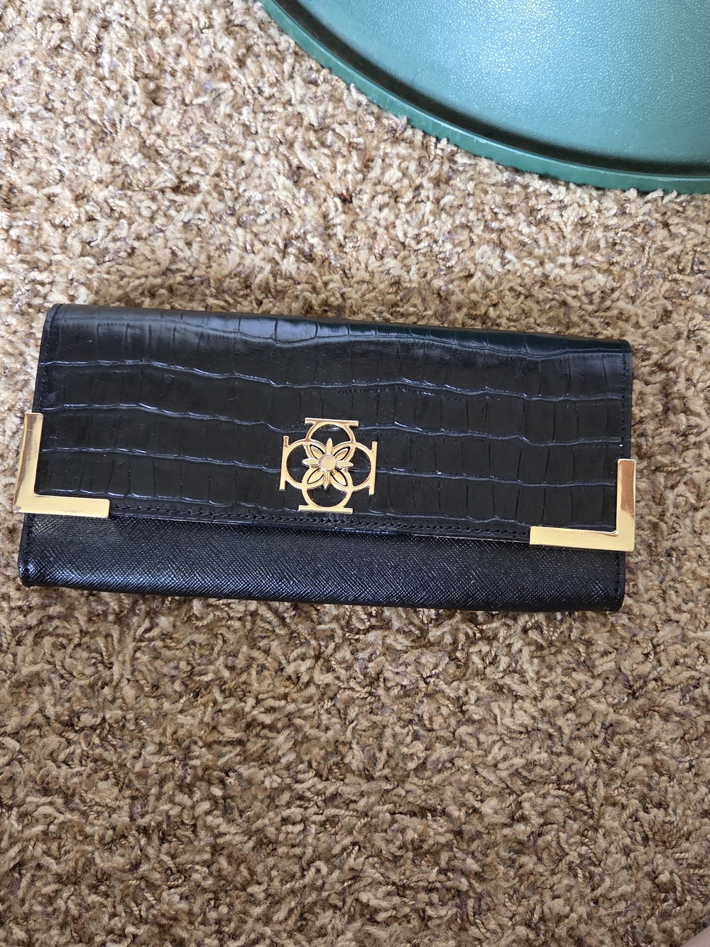 Black Croc-Texture Foldover Wallet Clutch with Gold Accents
